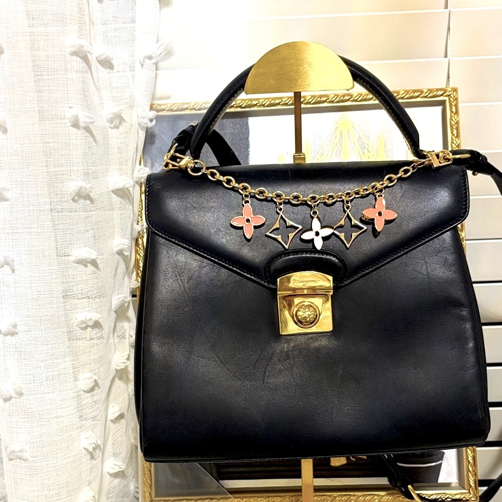 EUC Ferragamo Elegant Black Leather Handbag with Gold Accents - Picture 2 of 16